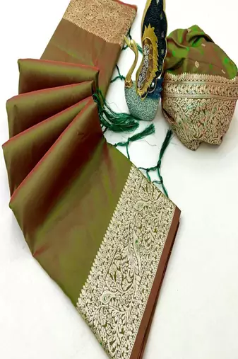 Green soft banarasi silk fabric saree with natural zari weaving in gala border