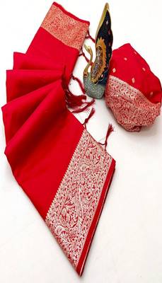 Red soft banarasi silk fabric saree with natural zari weaving in gala border 4