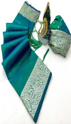 Sea green soft banarasi silk fabric saree with natural zari weaving in gala border 4