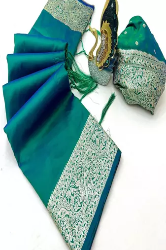 Sea green soft banarasi silk fabric saree with natural zari weaving in gala border