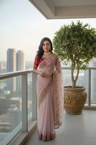 Light Pink Color embroidery sequence work  Organza  silk saree
