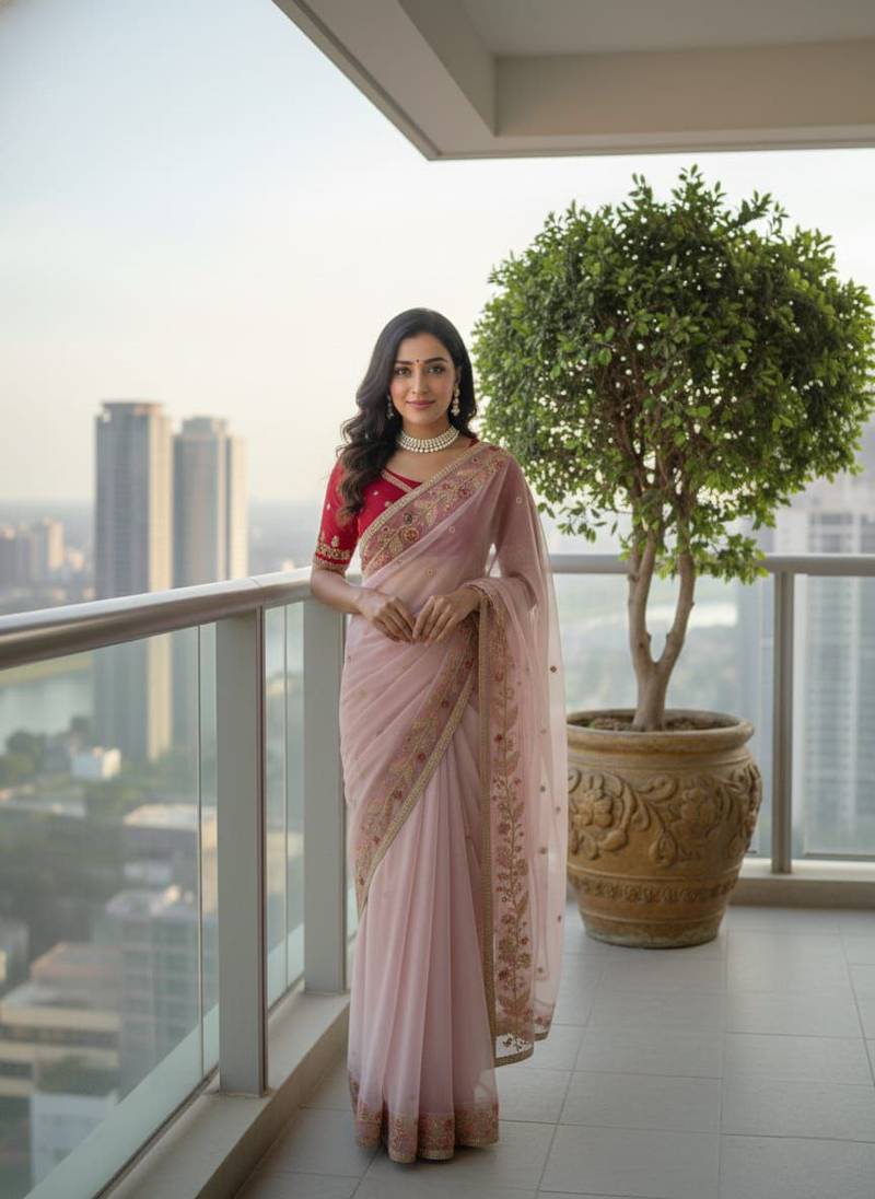 Light Pink Color embroidery sequence work  Organza  silk saree