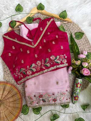 Light Pink Color embroidery sequence work  Organza  art silk saree 2