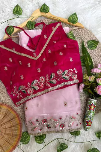 Light Pink Color embroidery sequence work  Organza  art silk saree