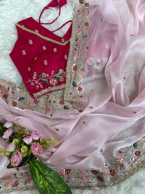 Light Pink Color embroidery sequence work  Organza  art silk saree 3