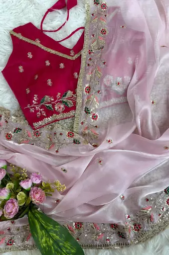 Light Pink Color embroidery sequence work  Organza  art silk saree