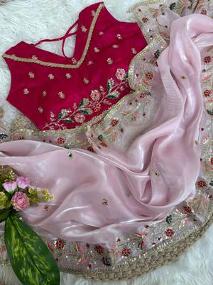 Light Pink Color embroidery sequence work  Organza  art silk saree 4