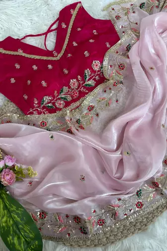 Light Pink Color embroidery sequence work  Organza  art silk saree