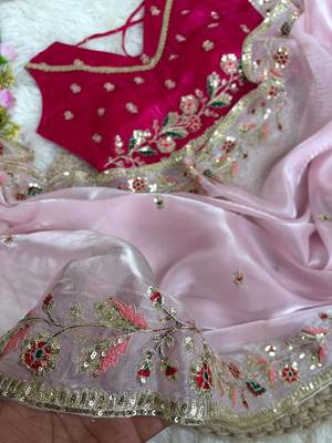 Light Pink Color embroidery sequence work  Organza  art silk saree 5