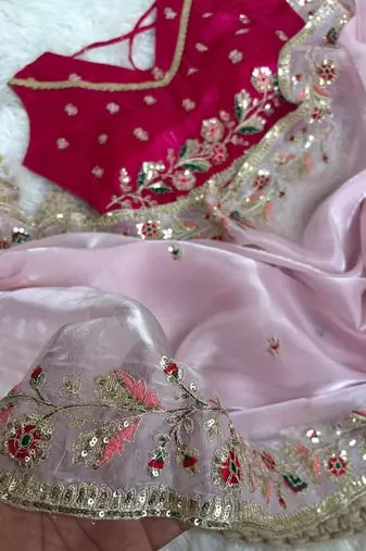Light Pink Color embroidery sequence work  Organza  art silk saree