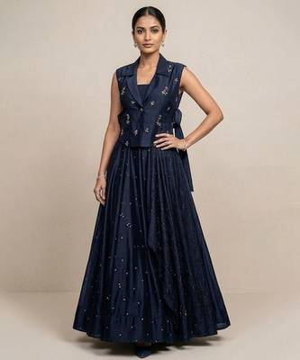 blue embroidered raw silk lehenga set 1