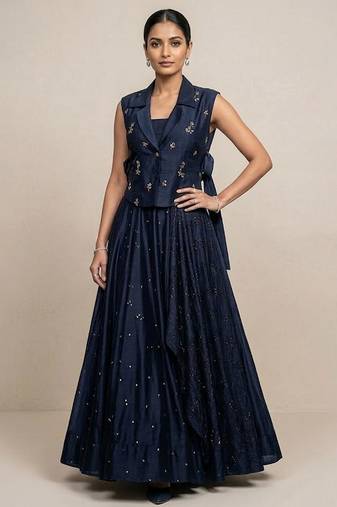 blue embroidered raw silk lehenga set