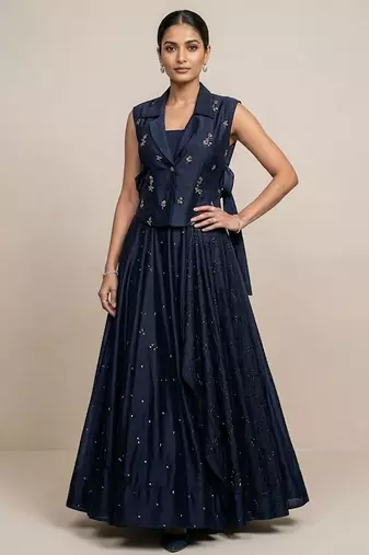 blue embroidered raw silk lehenga set