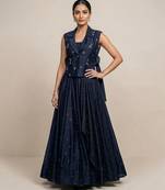 blue embroidered raw silk lehenga set