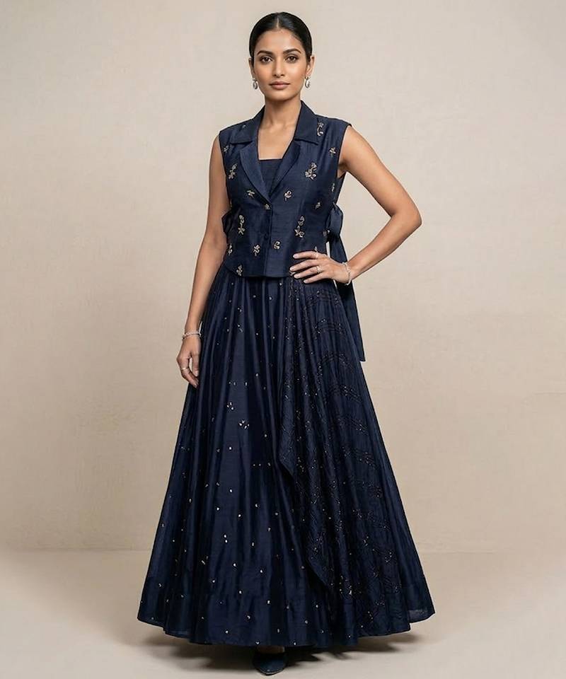 blue embroidered raw silk lehenga set