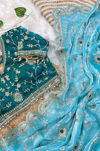 Blue Color embroidery 3 mm sequence work Satin Silk Saree