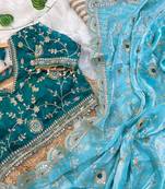 Blue Color embroidery 3 mm sequence work Satin Silk Saree