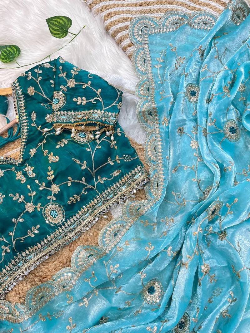 Blue Color embroidery 3 mm sequence work Satin Silk Saree
