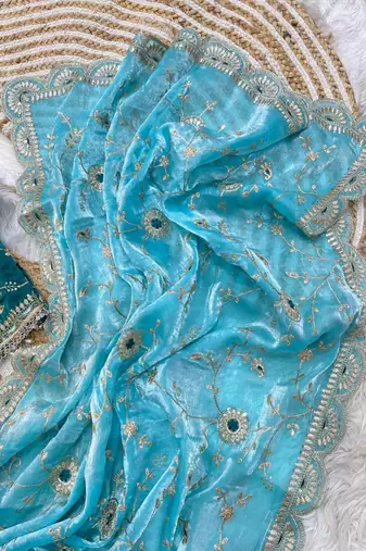 Blue Color embroidery 3 mm sequence work Satin Silk Saree
