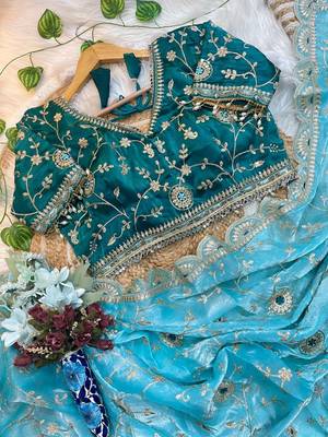 Blue Color embroidery 3 mm sequence work Satin art silk saree 3