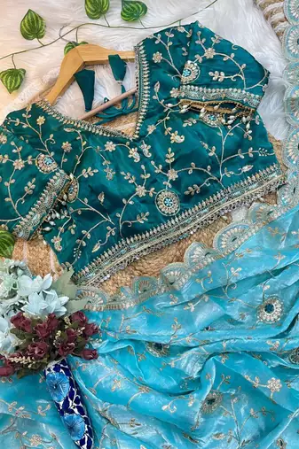 Blue Color embroidery 3 mm sequence work Satin Silk Saree