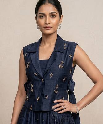 blue embroidered raw silk lehenga set 2