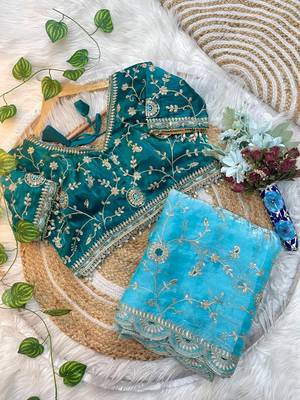 Blue Color embroidery 3 mm sequence work Satin art silk saree 4