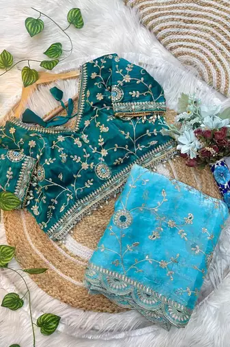 Blue Color embroidery 3 mm sequence work Satin Silk Saree