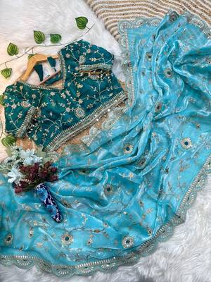 Blue Color embroidery 3 mm sequence work Satin art silk saree 5