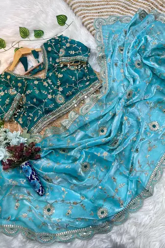 Blue Color embroidery 3 mm sequence work Satin Silk Saree