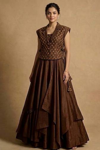 brown printed raw silk lehenga set