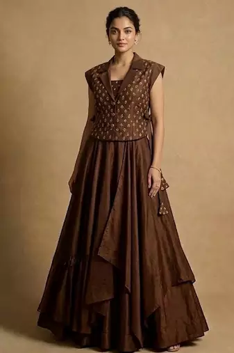 brown printed raw silk lehenga set