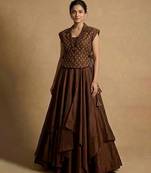 brown printed raw silk lehenga set