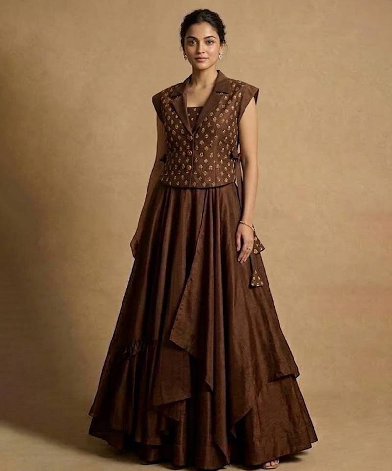 brown printed raw silk lehenga set