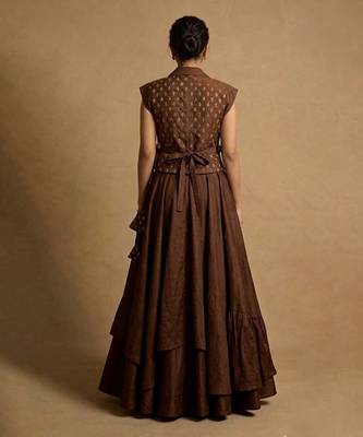 brown printed raw silk lehenga set 2