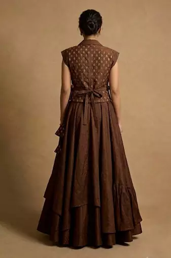 brown printed raw silk lehenga set