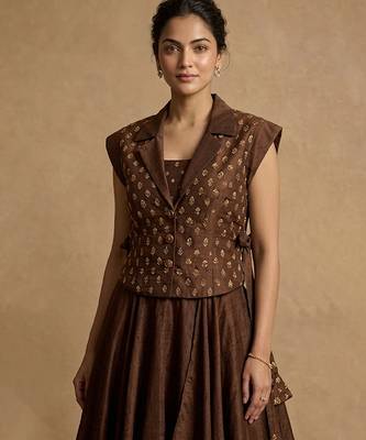 brown printed raw silk lehenga set 3