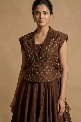 brown printed raw silk lehenga set