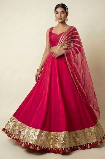 rani pink embroidered silk lehenga set