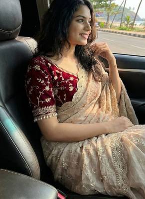Cream Color embroidery 3 mm sequence work Satin art silk saree 2