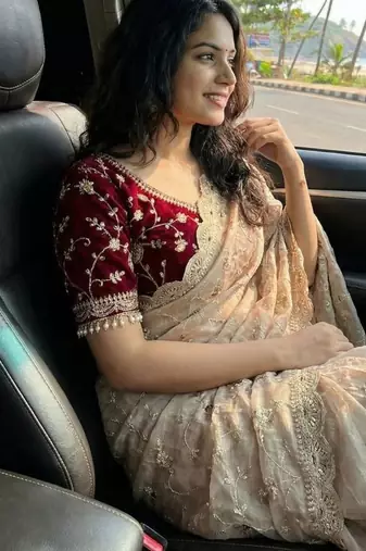 Cream Color embroidery 3 mm sequence work Satin Silk Saree