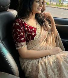 Cream Color embroidery 3 mm sequence work Satin art silk saree