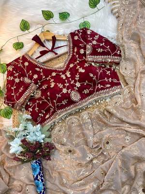 Cream Color embroidery 3 mm sequence work Satin art silk saree 3