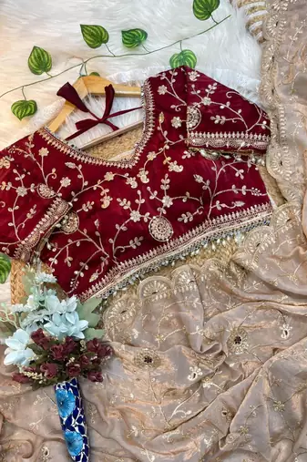 Cream Color embroidery 3 mm sequence work Satin Silk Saree