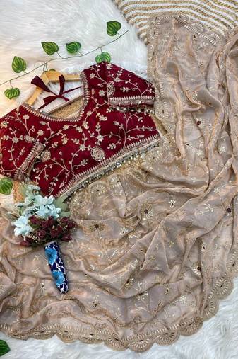 Cream Color embroidery 3 mm sequence work Satin Silk Saree