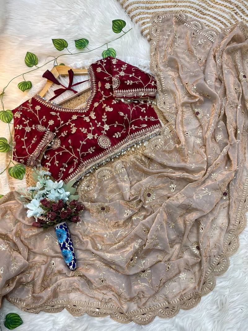 Cream Color embroidery 3 mm sequence work Satin Silk Saree