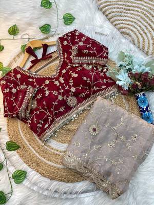 Cream Color embroidery 3 mm sequence work Satin art silk saree 4