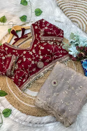 Cream Color embroidery 3 mm sequence work Satin Silk Saree