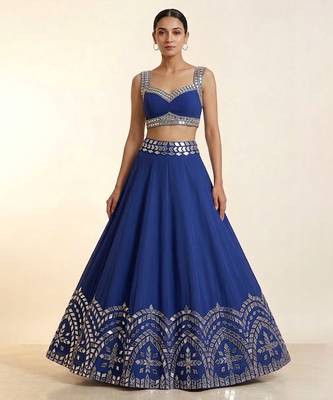 blue embroidered raw silk lehenga set 1