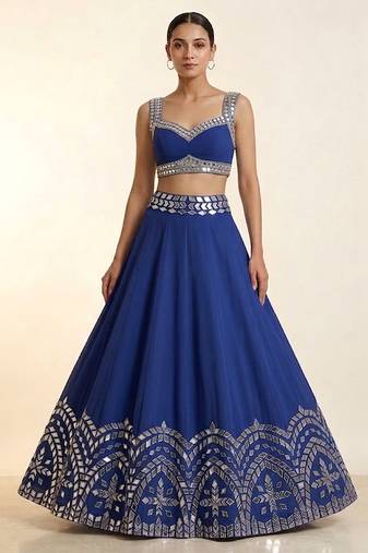 blue embroidered raw silk lehenga set